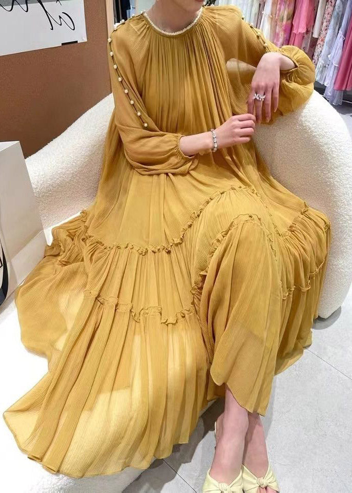 Pleated Chiffon Round Neck Beaded Long Sleeve Tiered Ruffle Maxi Dress