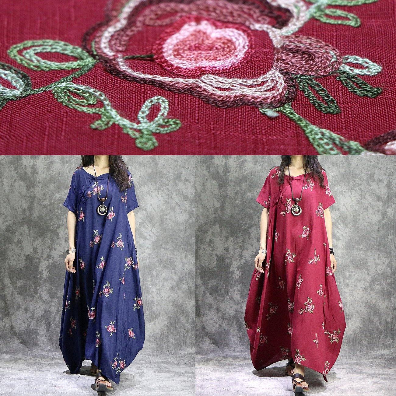 DIY short sleeve cotton linen Wardrobes stylish Sleeve blue prints Plus Size Clothing Dress summer