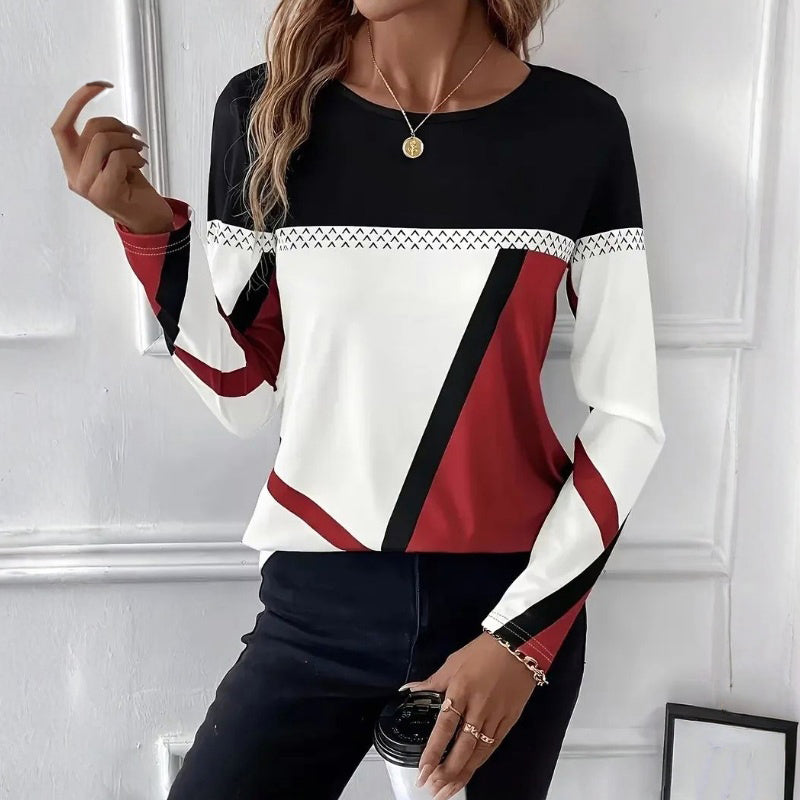 Color Block Round Neck Long Sleeve Top