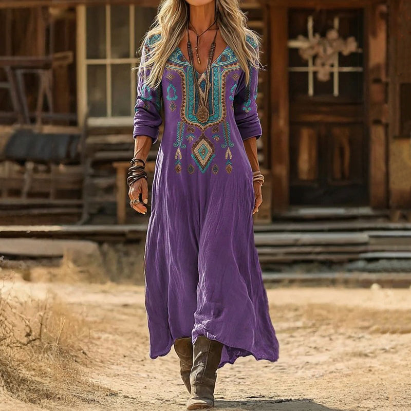 Embroidered V-Neck Long Sleeve Boho Maxi Dress