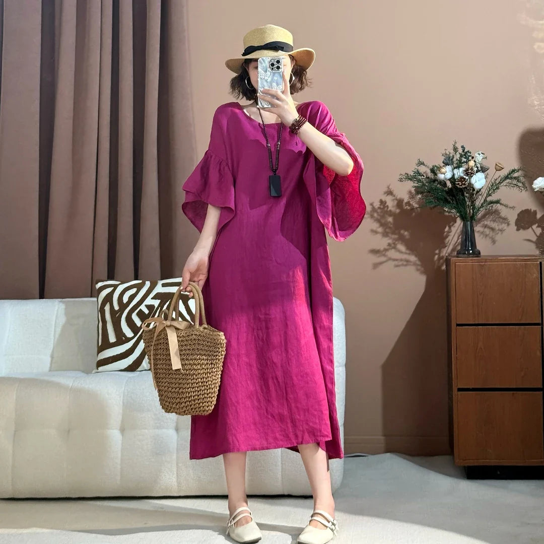 Round Neck Flare Sleeve Loose Linen Midi Dress Summer