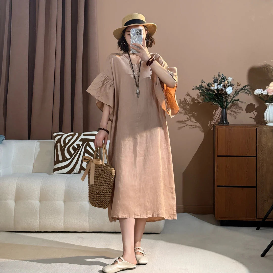 Round Neck Flare Sleeve Loose Linen Midi Dress Summer 3