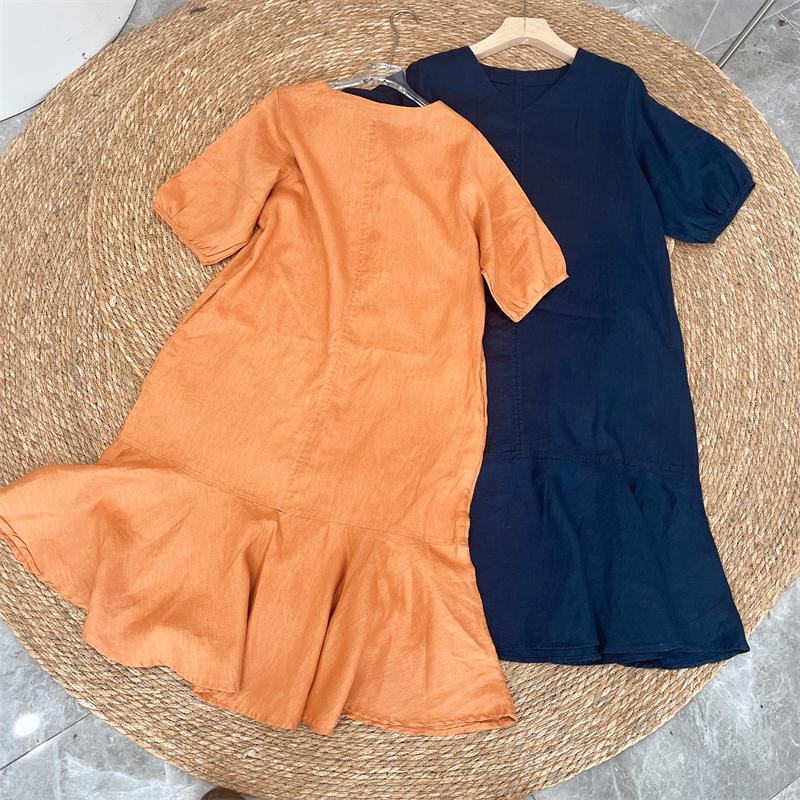 V-Neck Puff Sleeve Ruffle Hem Linen Midi Dress 8