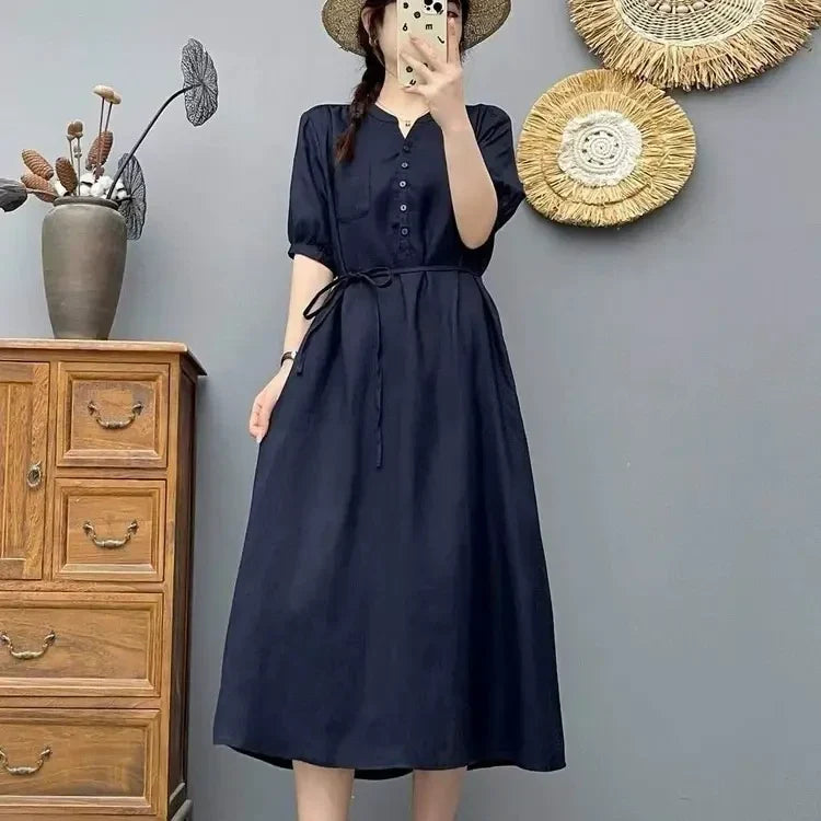 V-Neck Puff Sleeve Tie Waist Linen Midi Dress Summer