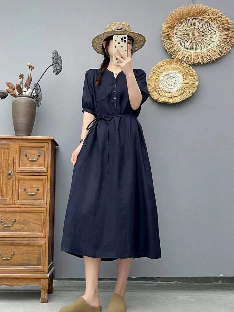V-Neck Puff Sleeve Tie Waist Linen Midi Dress Summer 2