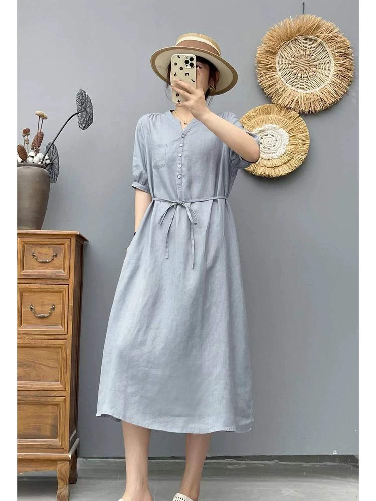 V-Neck Puff Sleeve Tie Waist Linen Midi Dress Summer 3