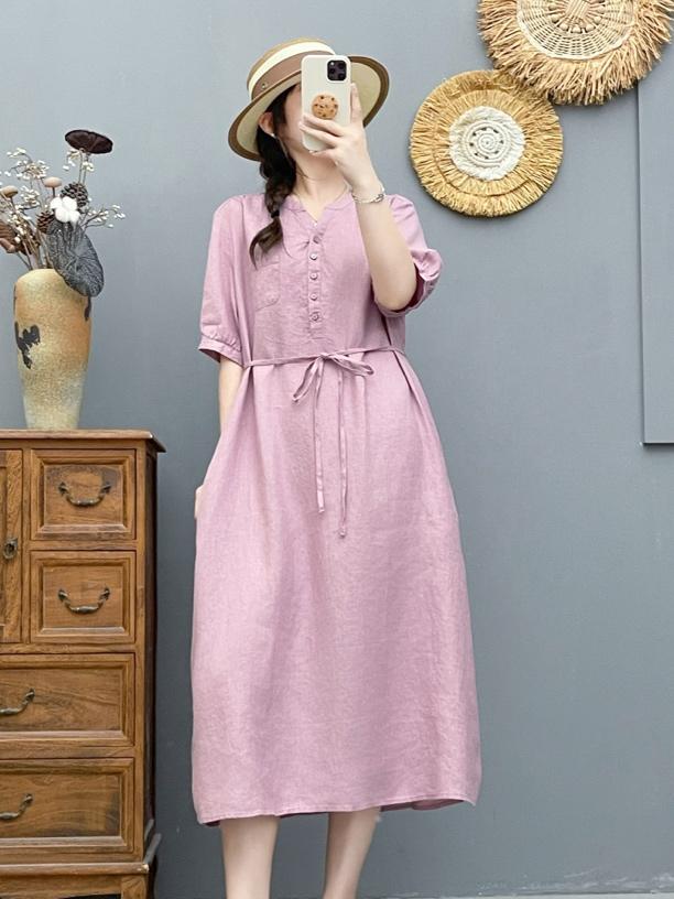 V-Neck Puff Sleeve Tie Waist Linen Midi Dress Summer 4