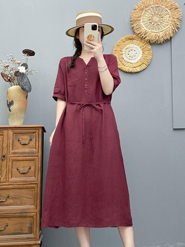 V-Neck Puff Sleeve Tie Waist Linen Midi Dress Summer 5