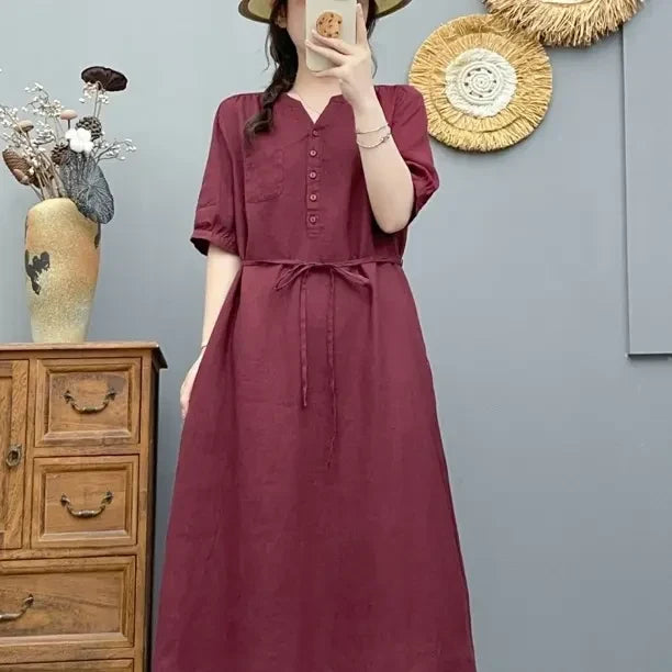 V-Neck Puff Sleeve Tie Waist Linen Midi Dress Summer 8
