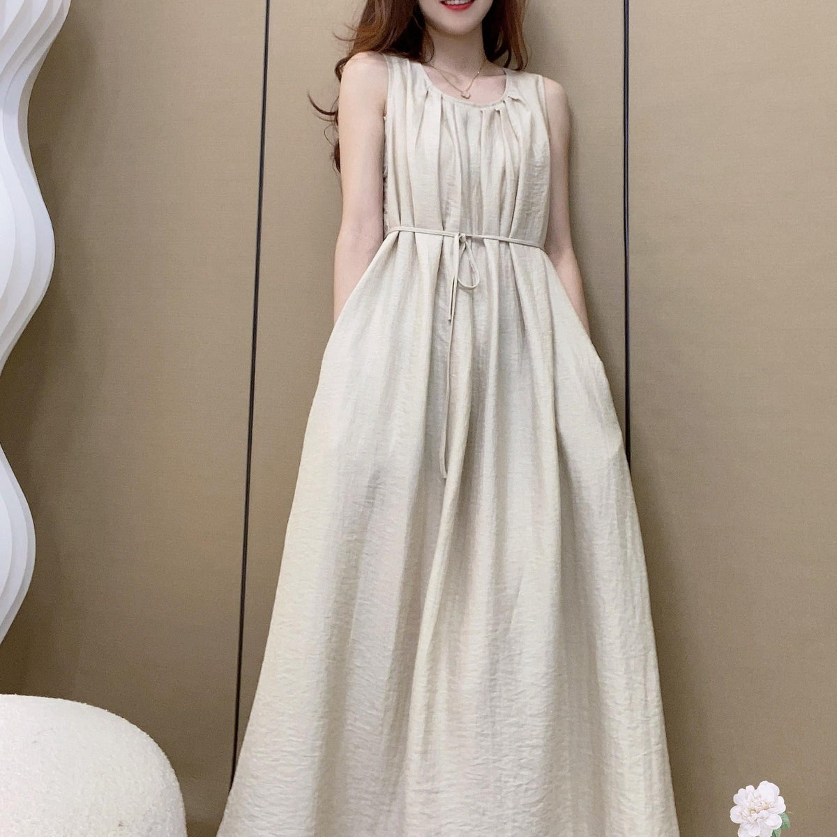 Round Neck Sleeveless Pleated Linen Maxi Dress Summer 3
