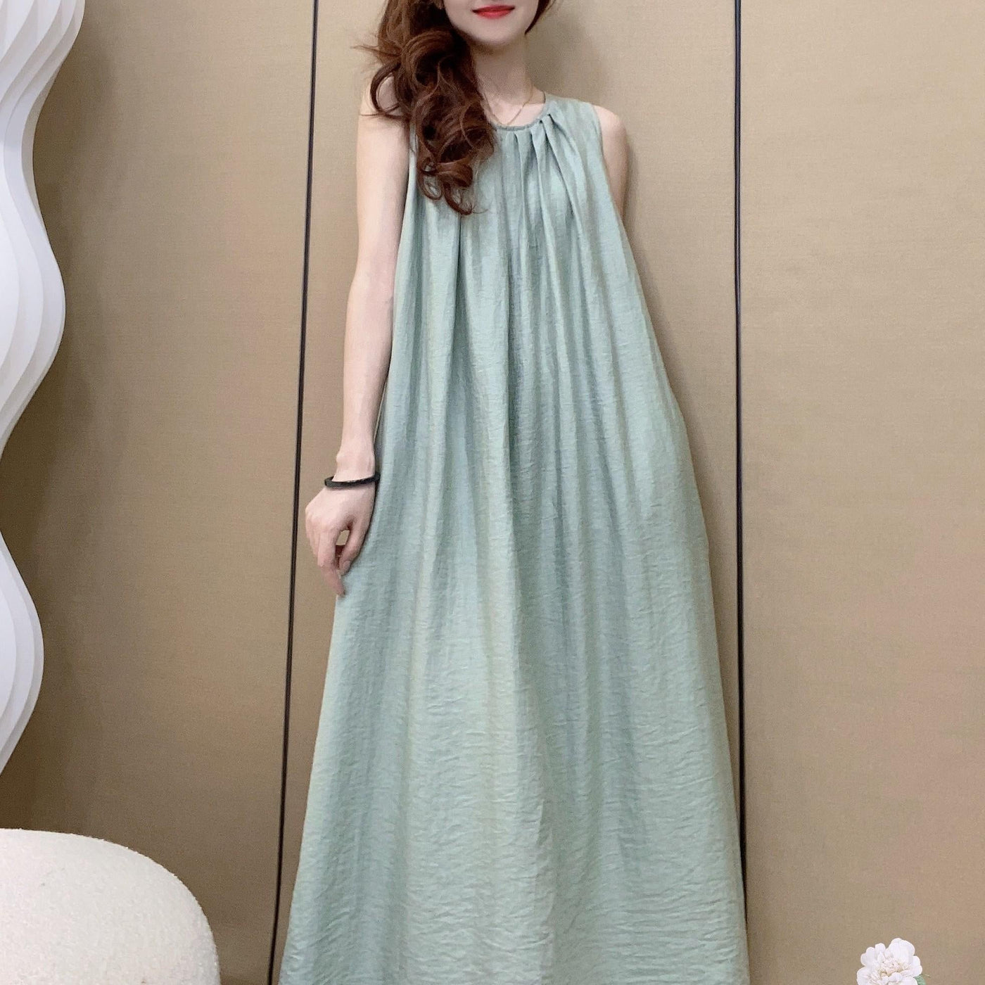 Round Neck Sleeveless Pleated Linen Maxi Dress Summer 4
