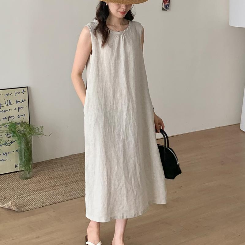 Round Neck Sleeveless Shift Linen Midi Dress Summer 10