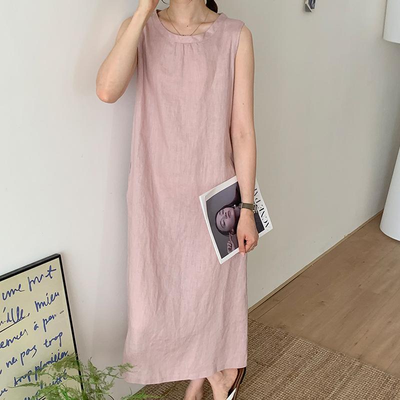 Round Neck Sleeveless Shift Linen Midi Dress Summer 2