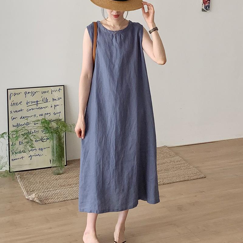 Round Neck Sleeveless Shift Linen Midi Dress Summer 4