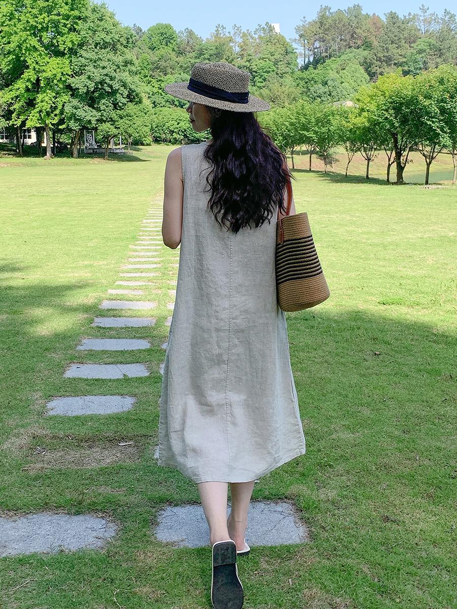 Round Neck Sleeveless A-Line Linen Midi Dress Summer 7