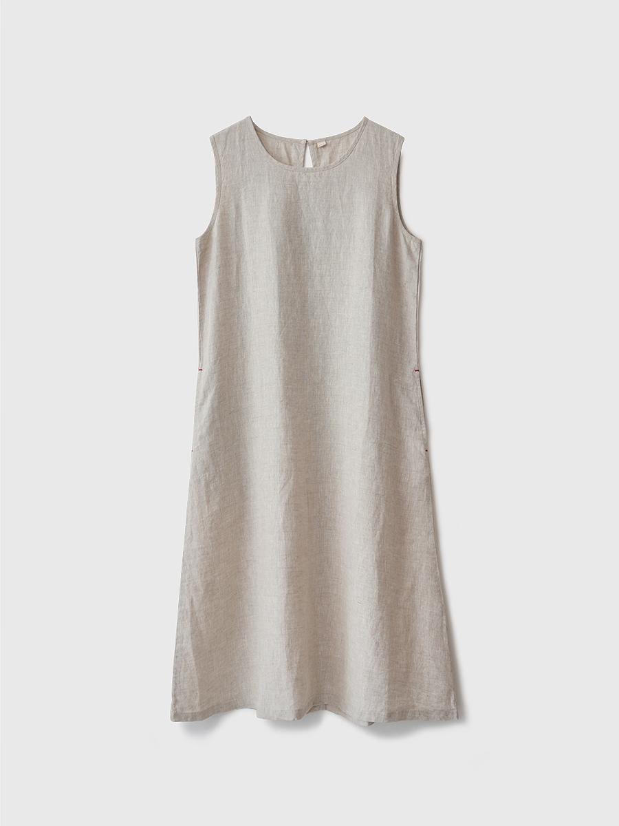 Round Neck Sleeveless A-Line Linen Midi Dress Summer 12
