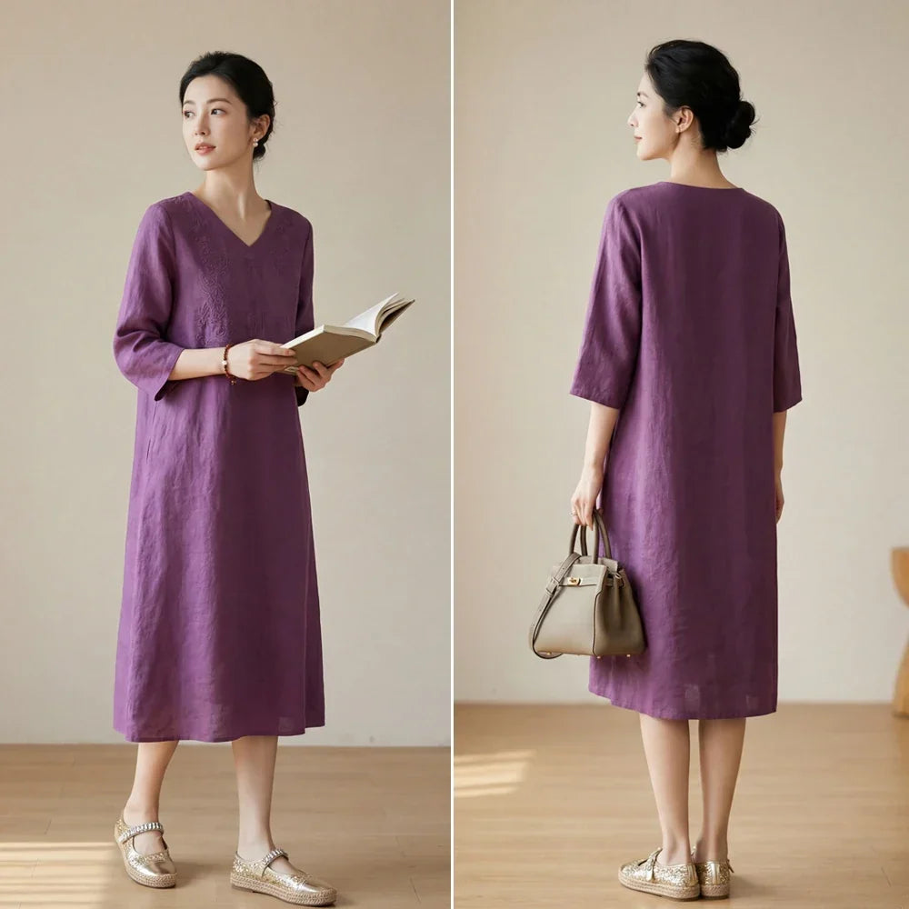 Embroidered V-Neck Linen Midi Dress 5