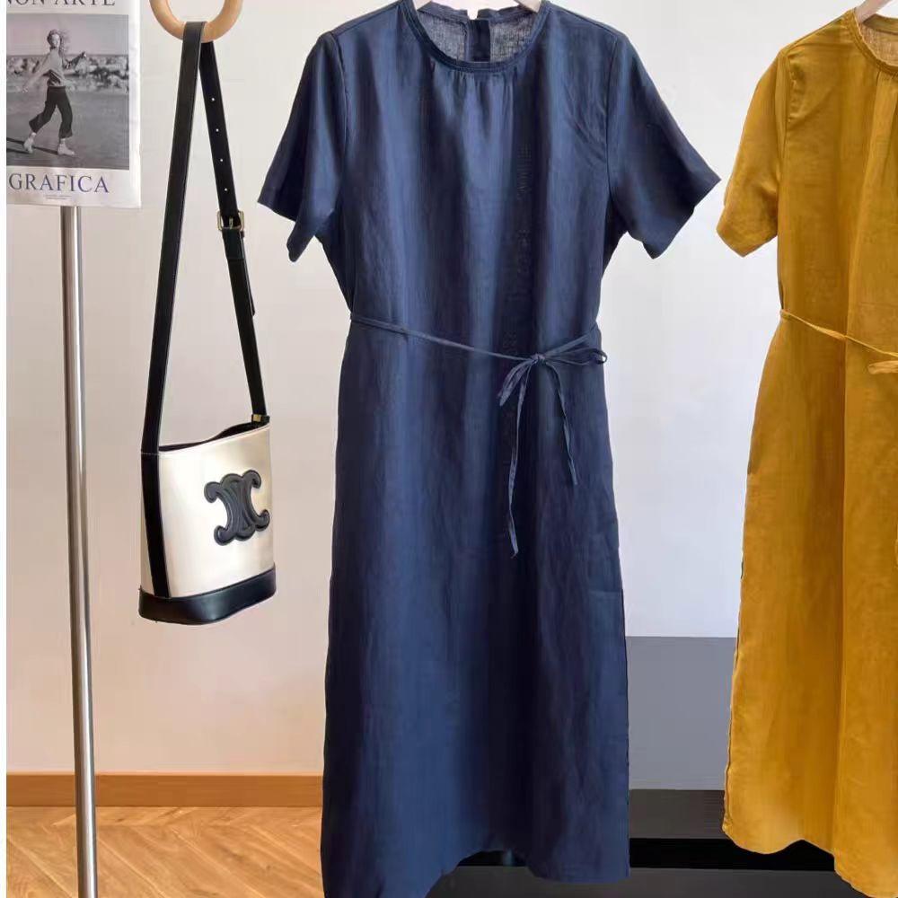 Round Neck Short Sleeve Tie Waist Linen Midi Dress Summer 2