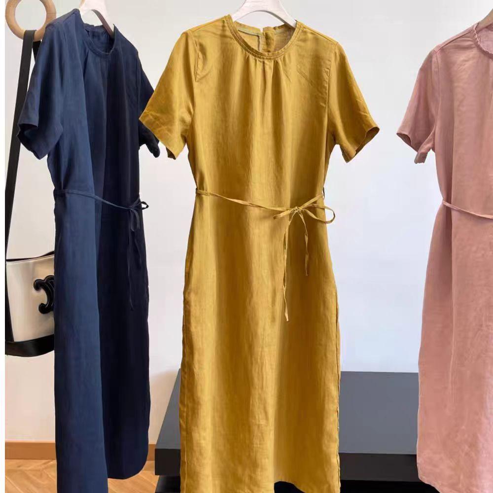 Round Neck Short Sleeve Tie Waist Linen Midi Dress Summer 3