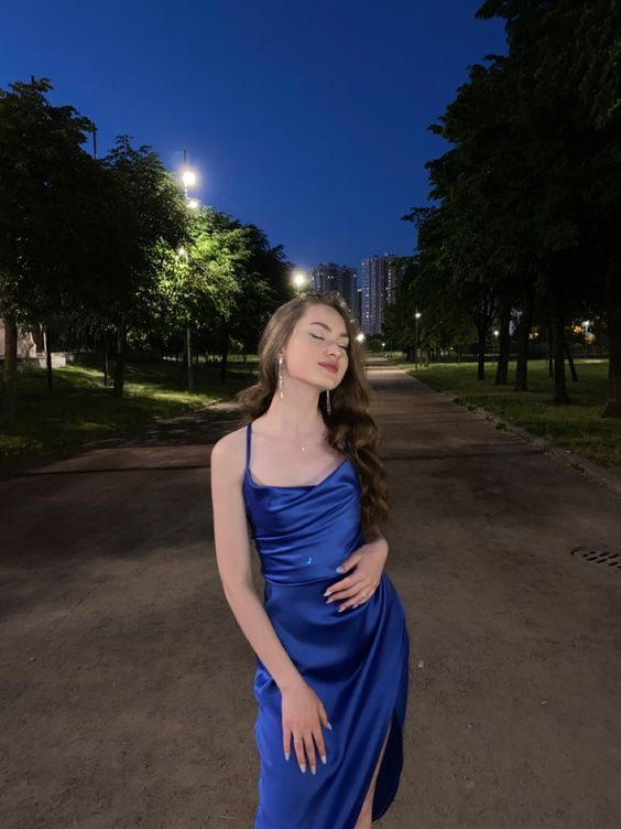 Women Royal Blue Satin Strappy Party Dress,Blue Cocktail Dress cc1062