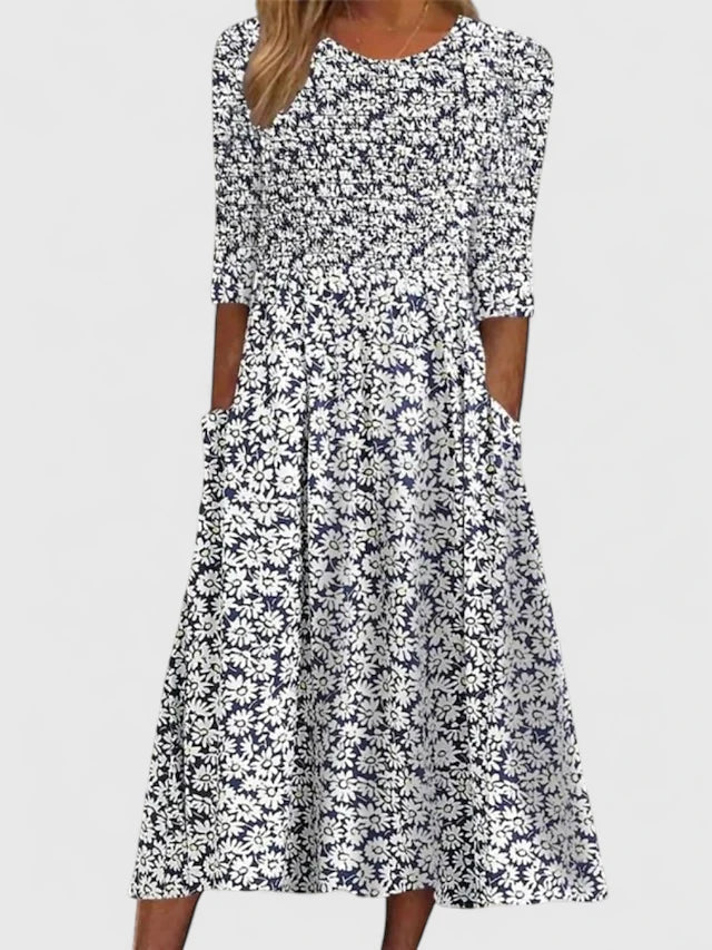 Floral Round Neck Three Quarter Sleeve Fit and Flare Midi Dress