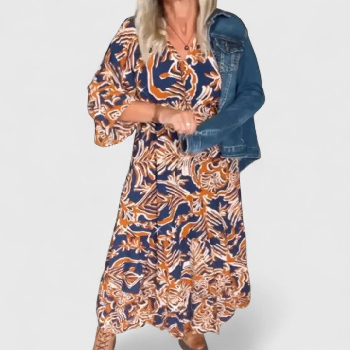 Abstract Floral Print Round Neck Three Quarter Sleeve Maxi Dress