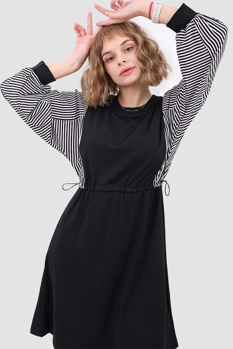 Striped Long Sleeve Crew Neck Drawstring Waist Sweatshirt Mini Dress