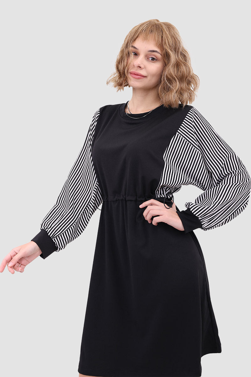 Striped Long Sleeve Crew Neck Drawstring Waist Sweatshirt Mini Dress 4