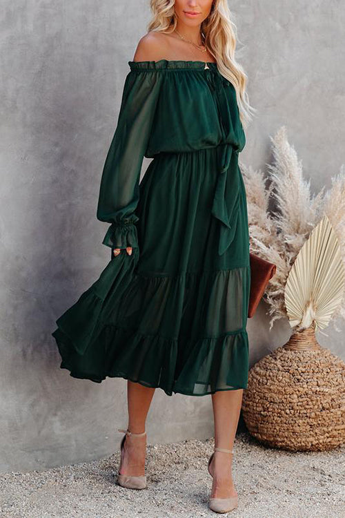 Layer Ruffles Off Shoulder Belted Maxi Dress