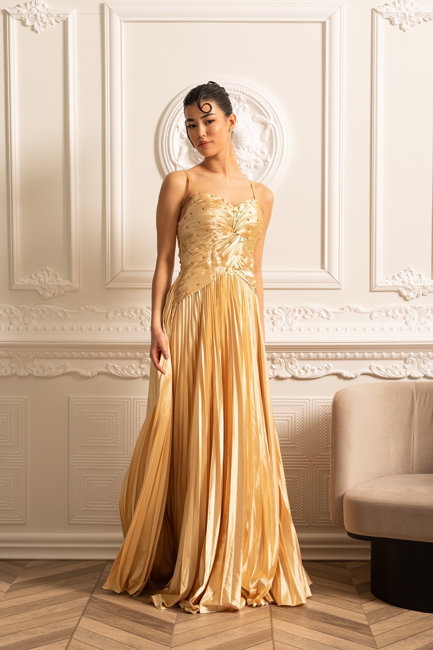 Cascade Gown With Sparkling Details - Gold