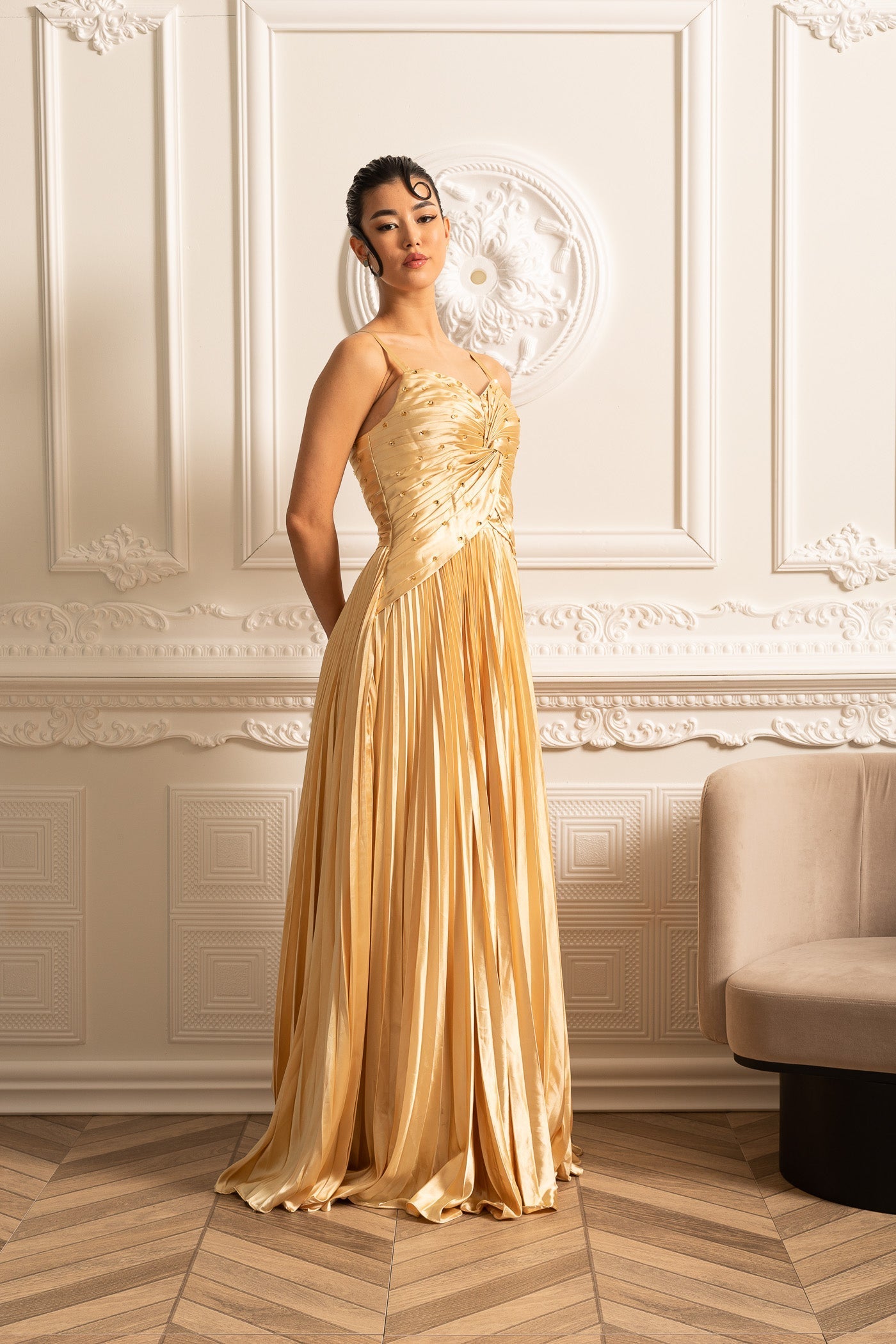 Cascade Gown With Sparkling Details - Gold