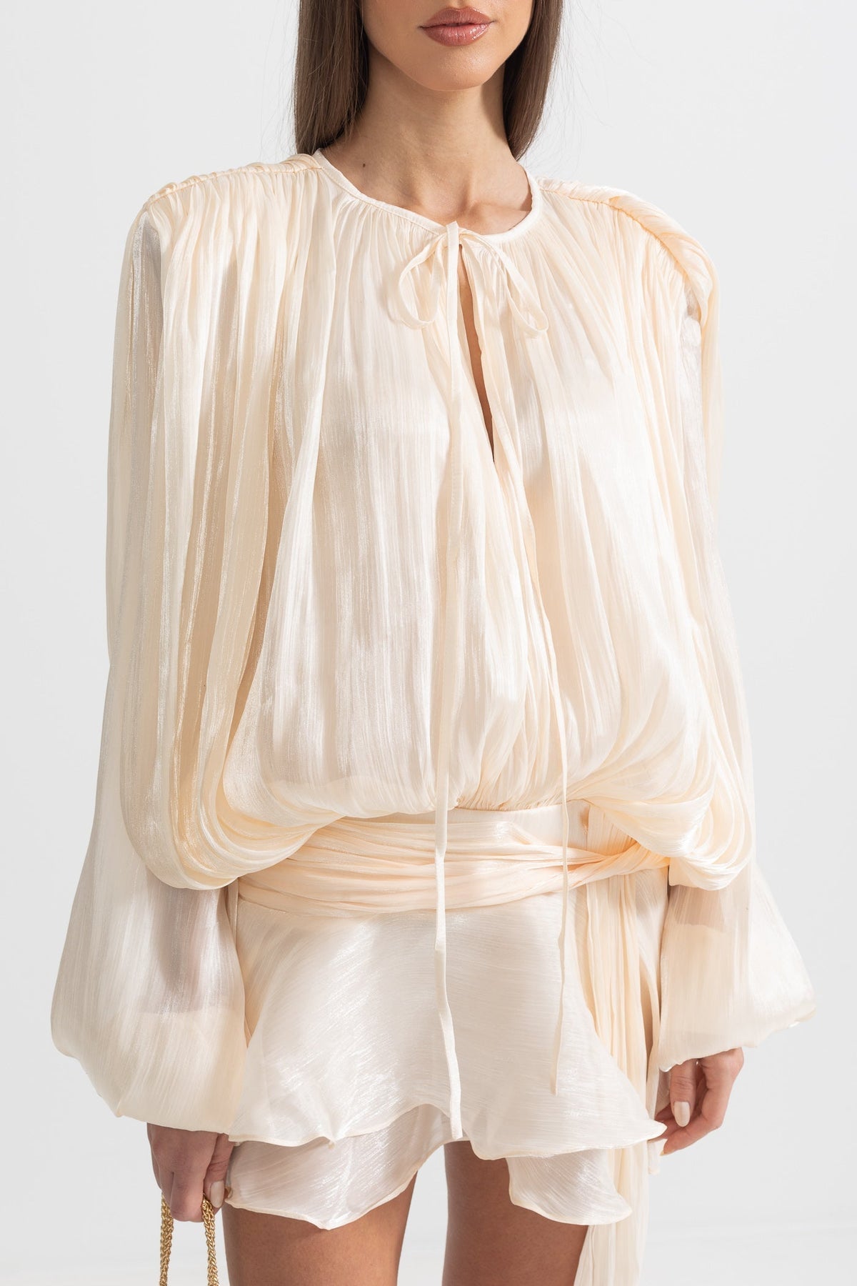 Pleated Satin Tie Neck Long Sleeve Wrap Waist Ruffle Hem Mini Dress 8