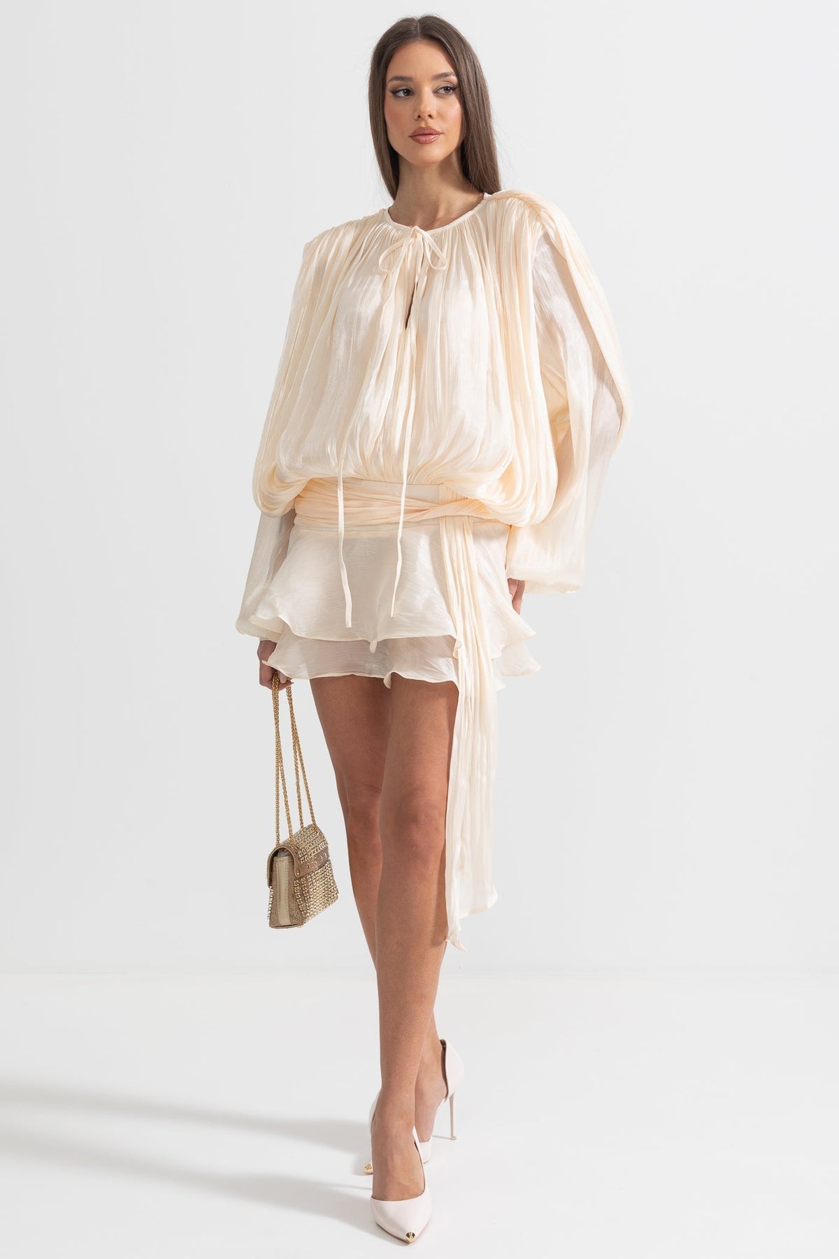 Pleated Satin Tie Neck Long Sleeve Wrap Waist Ruffle Hem Mini Dress 5