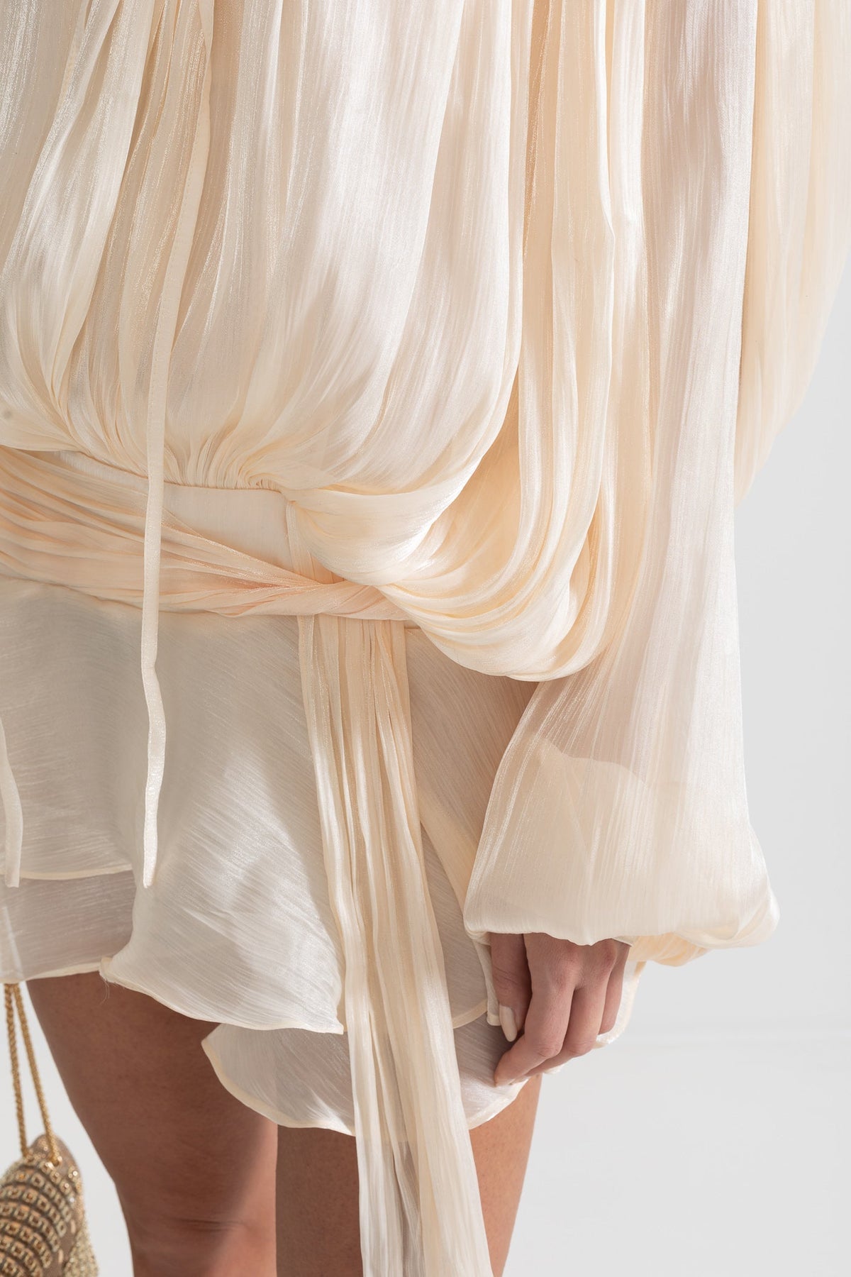 Pleated Satin Tie Neck Long Sleeve Wrap Waist Ruffle Hem Mini Dress 7