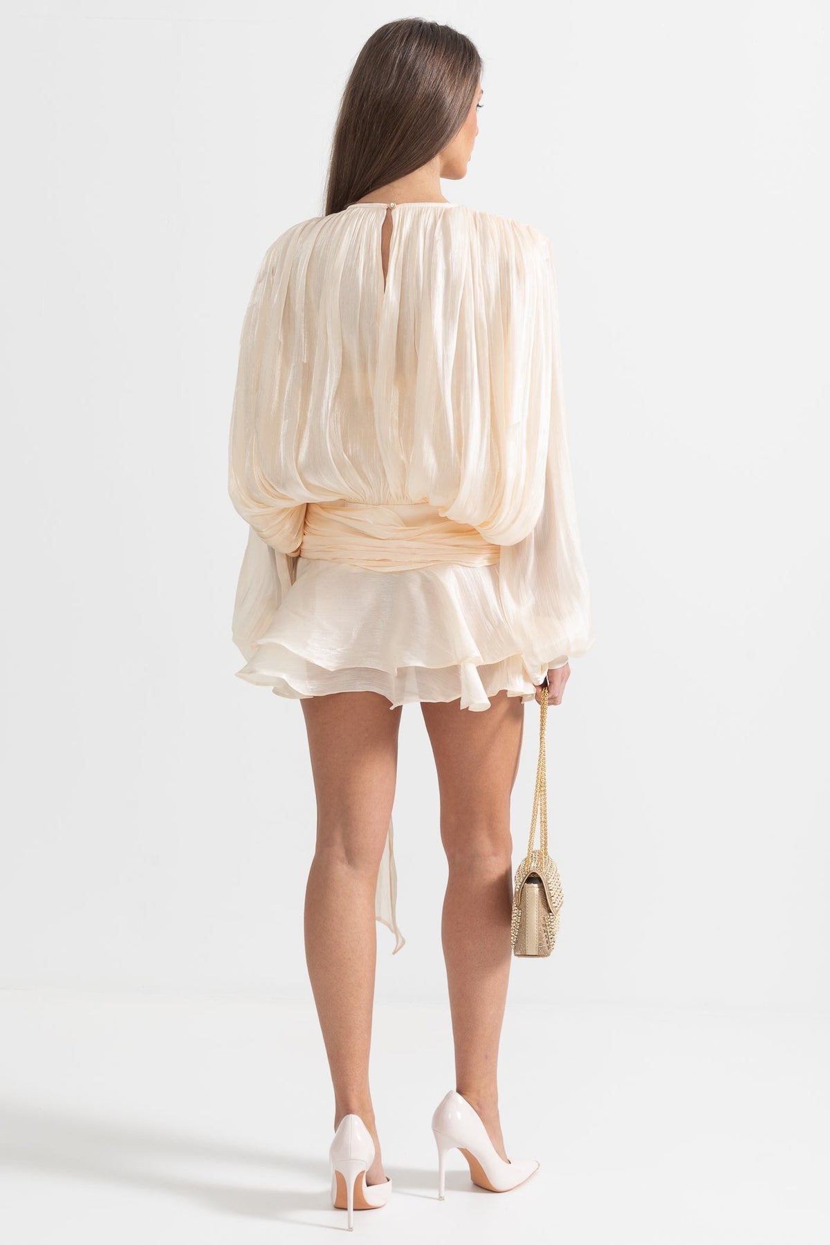 Pleated Satin Tie Neck Long Sleeve Wrap Waist Ruffle Hem Mini Dress 6