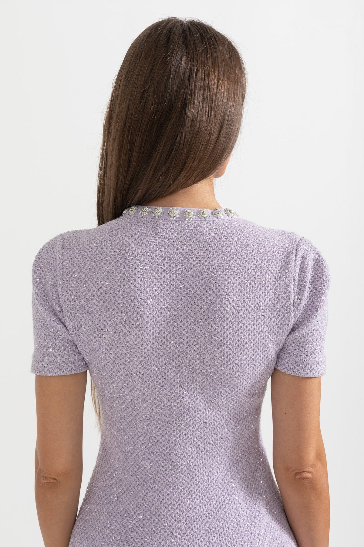 Tweed Crystal Trim Short Sleeve Jeweled Button Four Pocket Mini Dress - View 8
