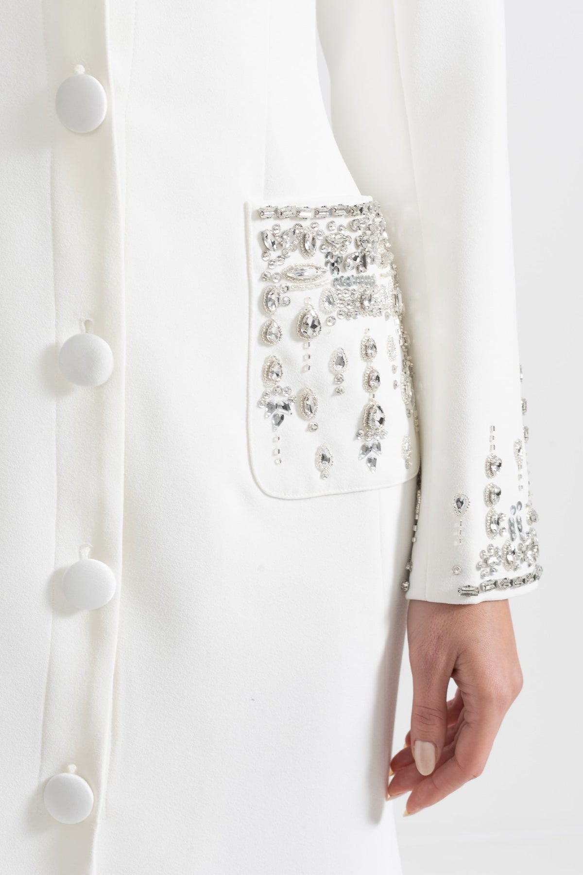 Long Sleeve Notched Lapel Crystal Pocket Cuff Button Front Maxi Gown - View 8