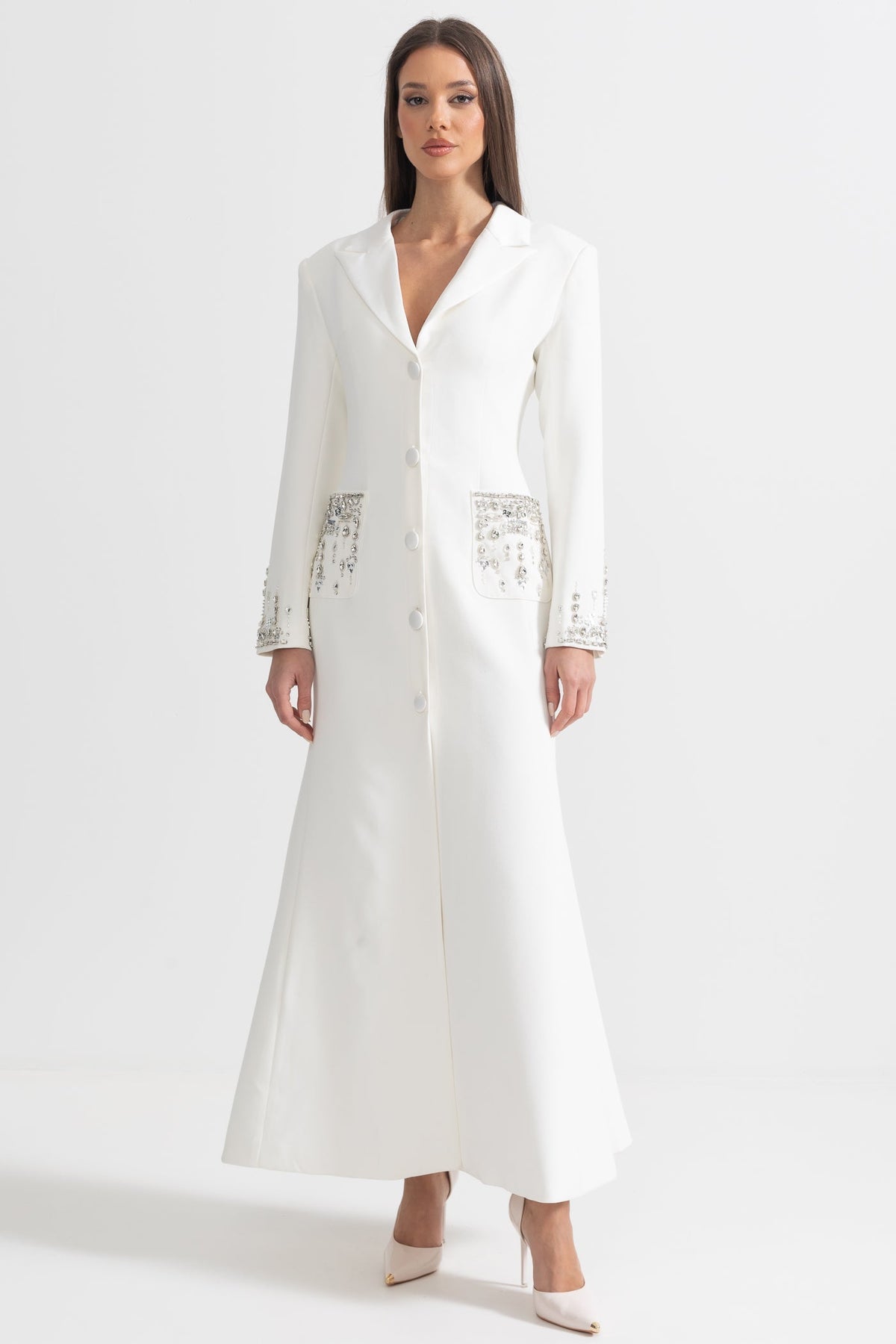 Long Sleeve Notched Lapel Crystal Pocket Cuff Button Front Maxi Gown - View 3