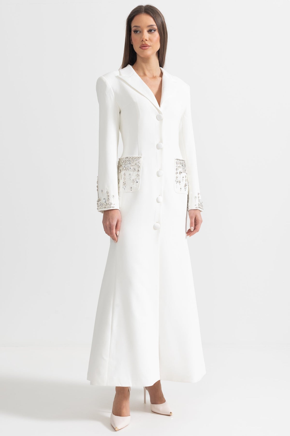 Long Sleeve Notched Lapel Crystal Pocket Cuff Button Front Maxi Gown - View 4