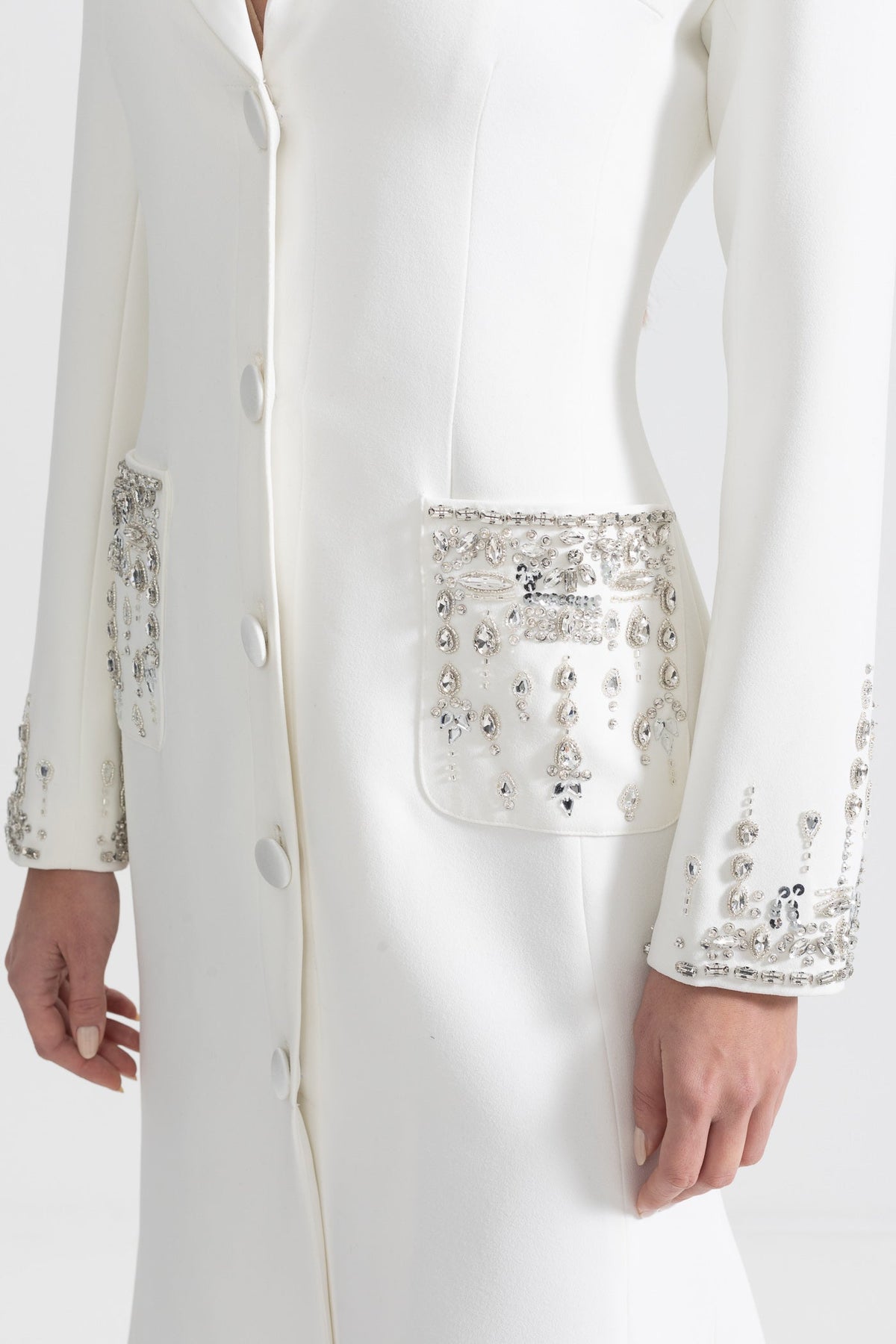 Long Sleeve Notched Lapel Crystal Pocket Cuff Button Front Maxi Gown - View 7