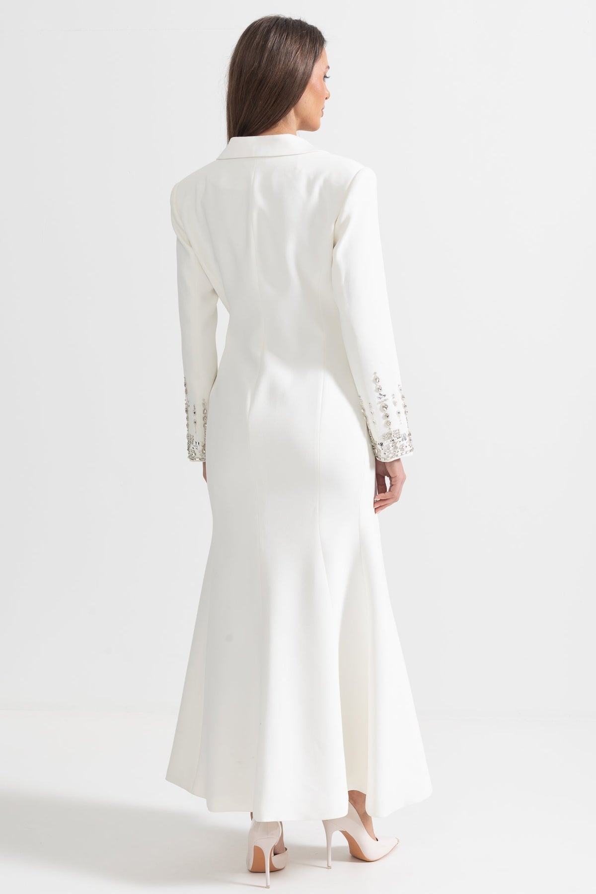 Long Sleeve Notched Lapel Crystal Pocket Cuff Button Front Maxi Gown - View 9
