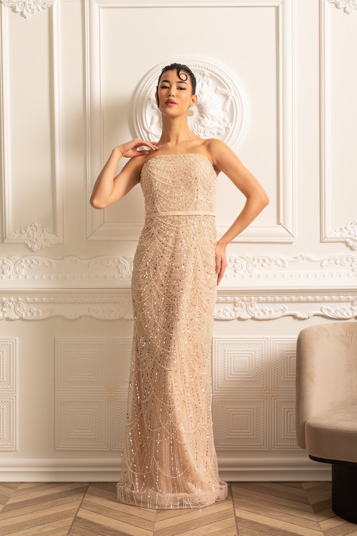 Scalloped Pearl Trim Beaded Mesh Cape Overlay Column Maxi Gown - View 17