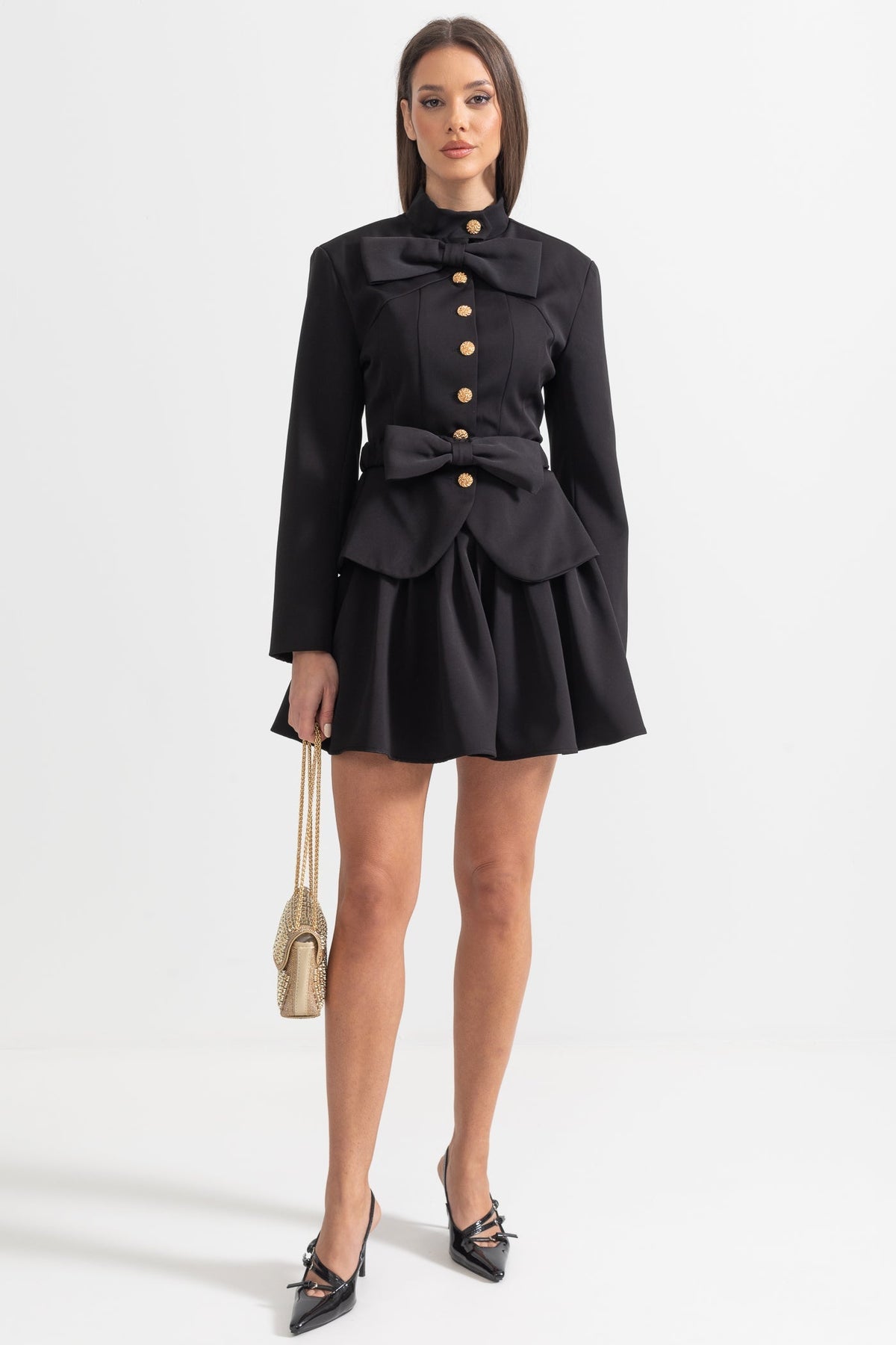 Stand Collar Metallic Button Dual Bow Peplum Pleated Mini Dress - View 3