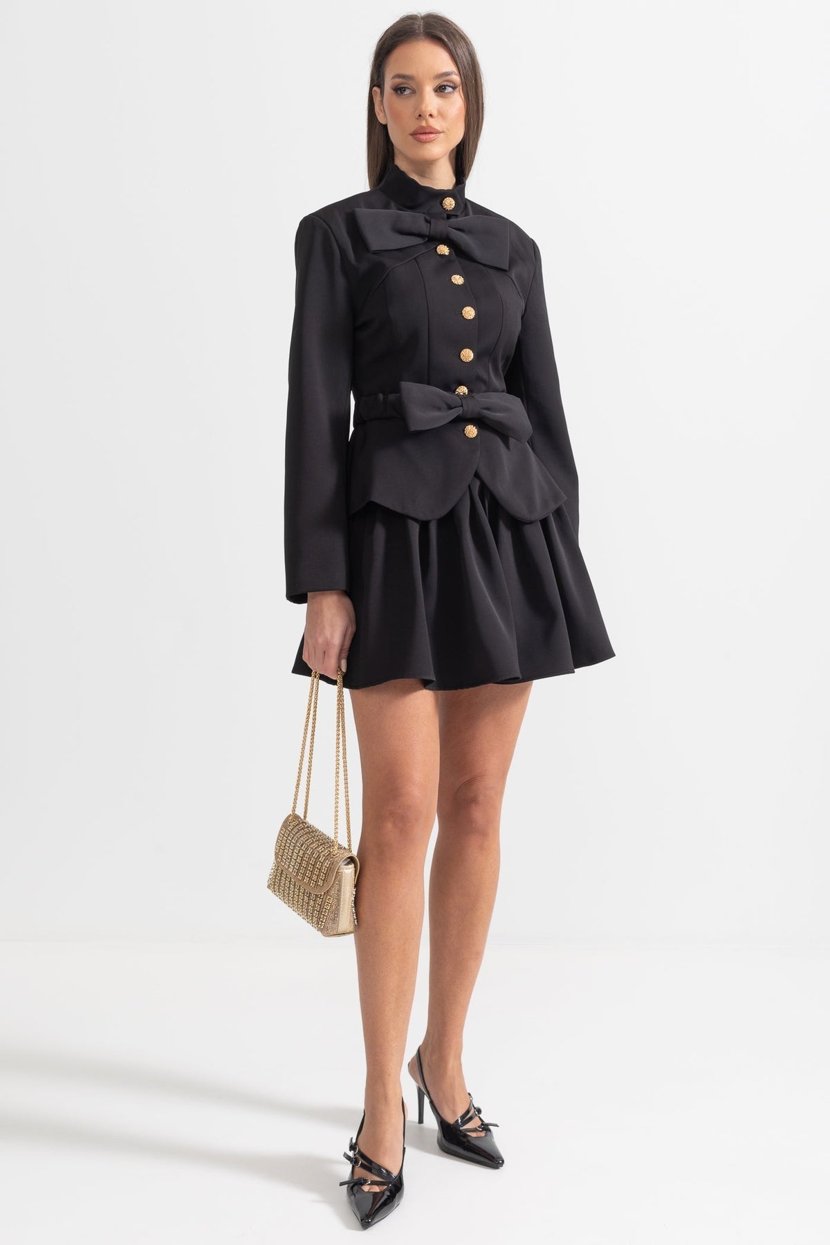 Stand Collar Metallic Button Dual Bow Peplum Pleated Mini Dress - View 5
