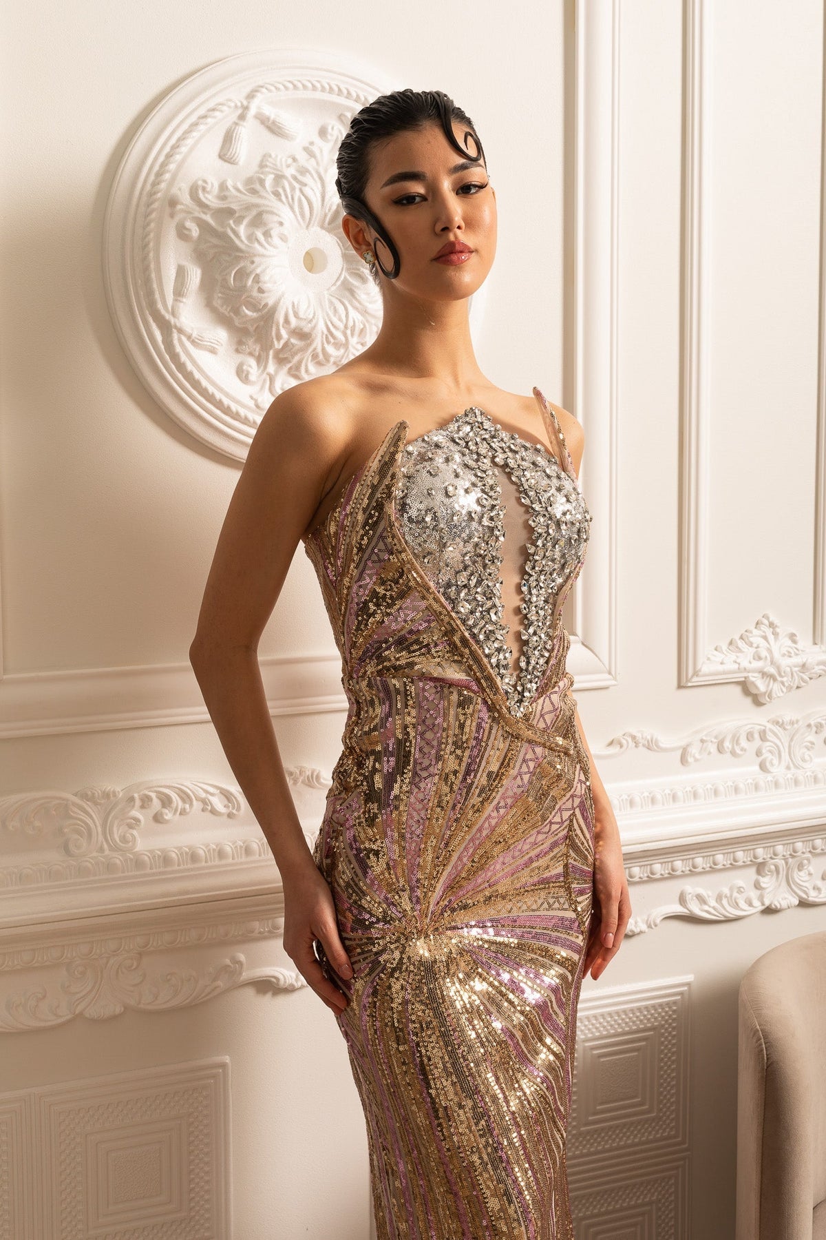 Sequin Halter Neck Keyhole Cut Out Radial Pattern Maxi Gown - View 2