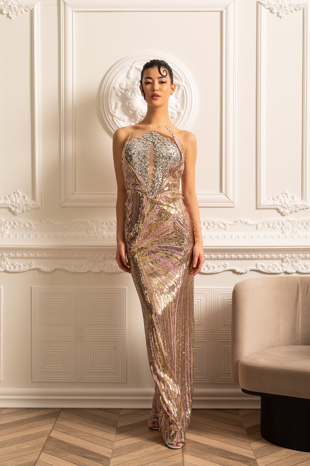 Sequin Halter Neck Keyhole Cut Out Radial Pattern Maxi Gown - View 4