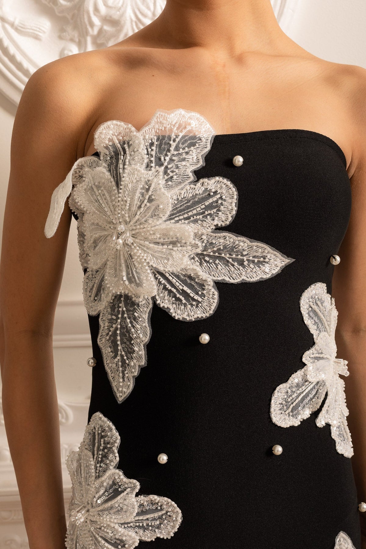 Strapless Beaded Floral Applique Faux Pearl Bodycon Mini Dress 8