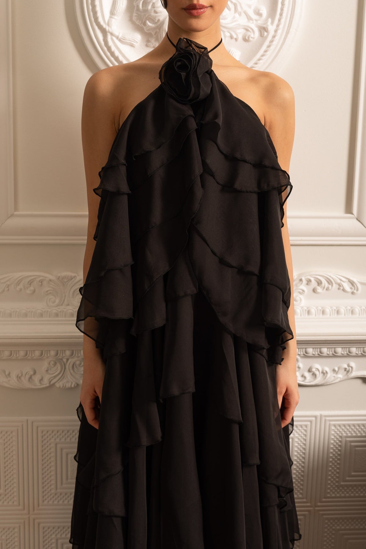 Halter Neck Rosette Tiered Ruffle Chiffon Maxi Dress 5