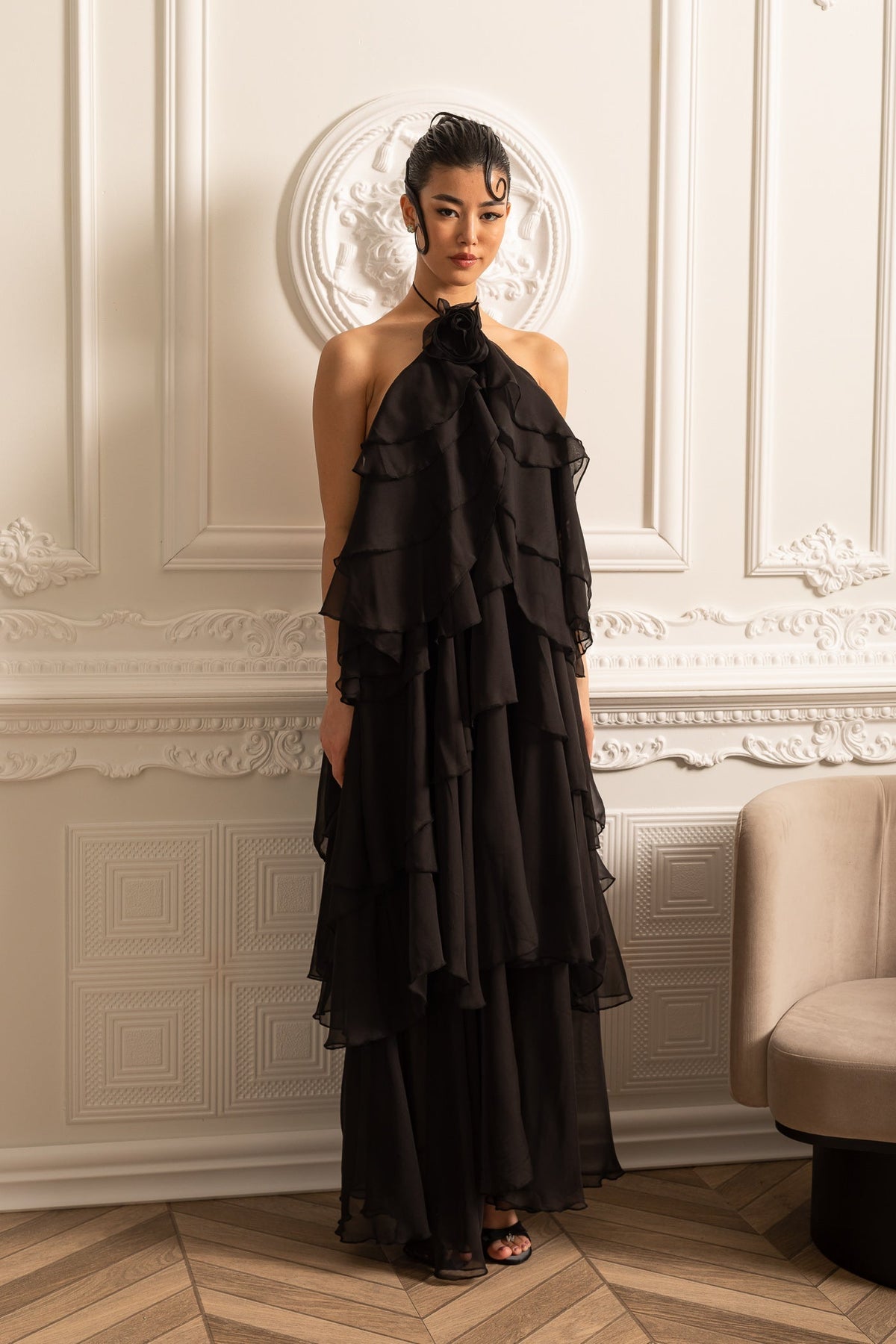 Halter Neck Rosette Tiered Ruffle Chiffon Maxi Dress 3