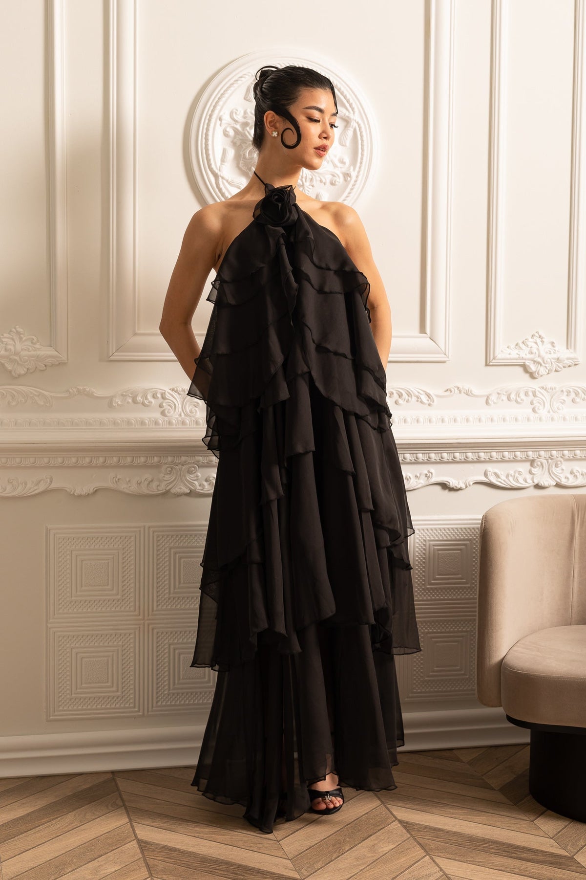 Halter Neck Rosette Tiered Ruffle Chiffon Maxi Dress 9